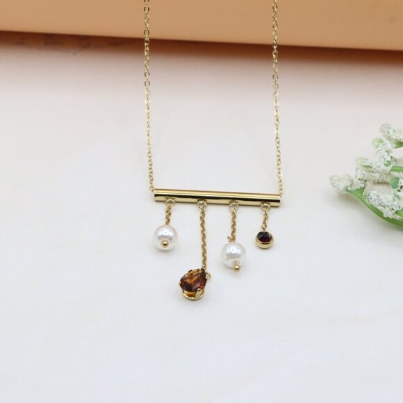 Yellow Gold Plated Pearl Drop Necklace with Crystal Charms, XPNL0361 - Picture 10 of 13